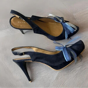 Elia Bruni Navy Suede Leather Slingback Pumps Made in Spain